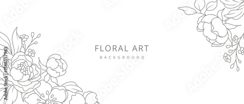 Abstract floral background with minimal flowers and leaves in line art style. Hand drawn botanical elements. Vector illustration for card, banner, print, poster, cover, wedding invitation, packaging