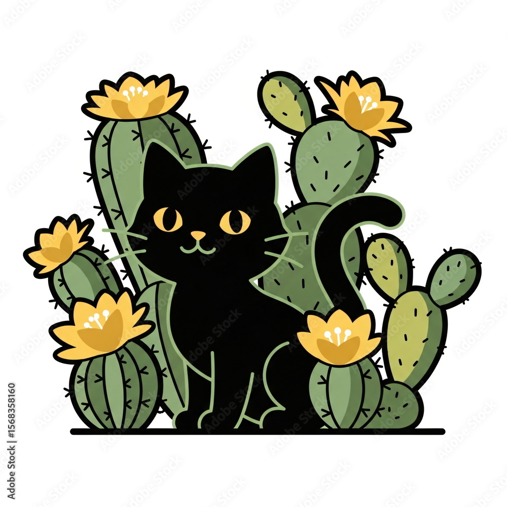 Naklejka premium Black cat sitting among green flowering cacti. Cute pet illustration for sticker, greeting card, children book, or textile design.