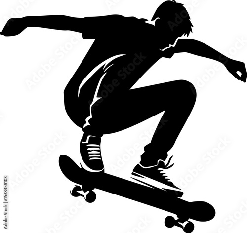 Silhouette of a person performing skateboard trick, flat vector