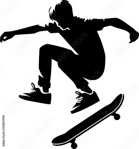 Silhouette of a person performing skateboard trick, flat vector
