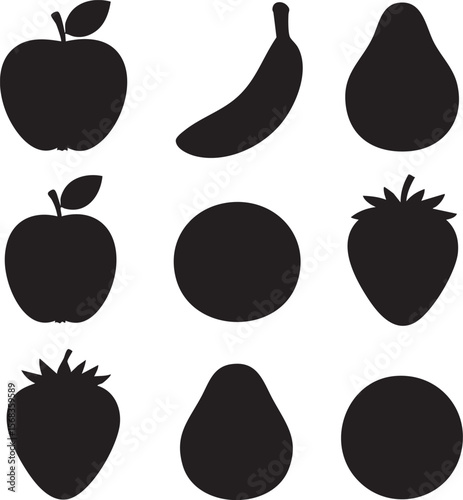 Collection of black fruit silhouettes including apples bananas pears strawberries and circles on a white background