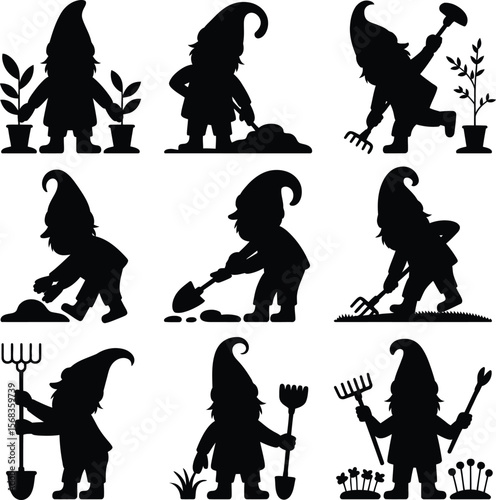 Silhouette illustrations of garden gnomes tending to plants and using gardening tools in various poses vector
