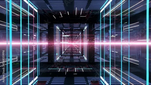 Futuristic technological corridor with neon lights, ideal for science fiction and technology visuals