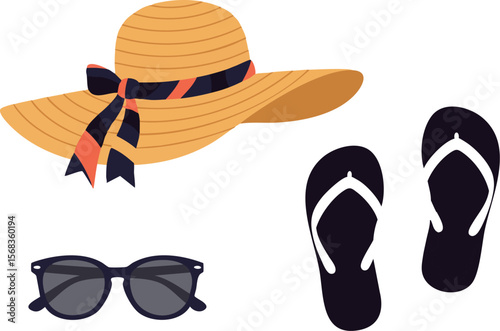 Stylish straw sun hat with ribbon sunglasses and black flip flops for a perfect summer beach vacation