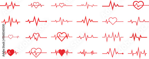 Red heartbeat line collection with heart symbol, healthcare clipart vector illustration.