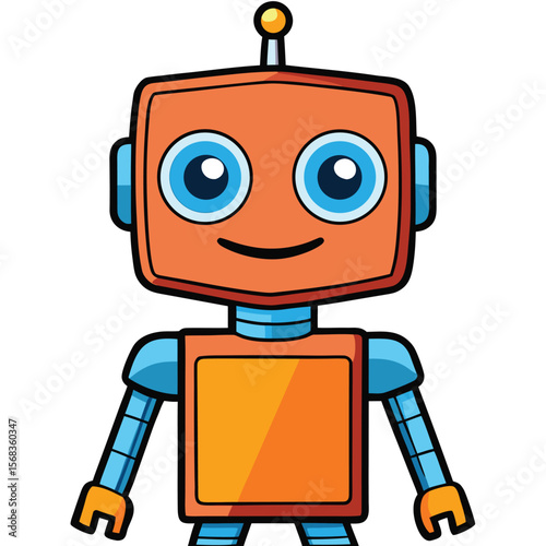Cute Cartoon Robot with Square Head and Glowing Blue Eyes - Vector Illustration