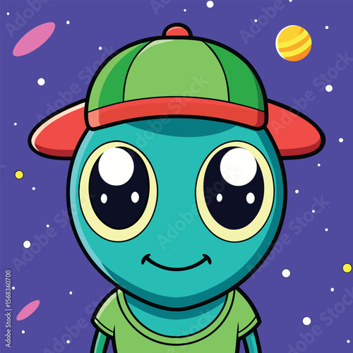 Adorable Three-Eyed Alien Cartoon Character in Baseball Cap