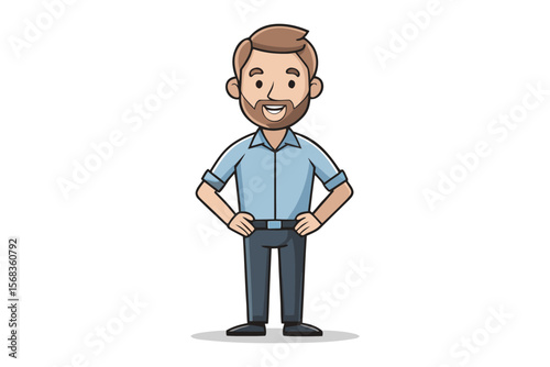 Smiling Cartoon Man: a charming cartoon of a man standing tall with a warm smile, exuding an air of approachability and friendliness. He is a friendly and approachable character. 