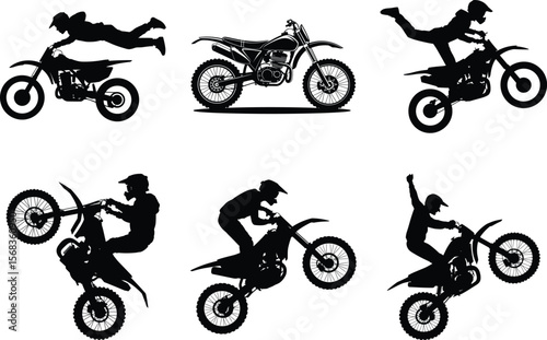 Dirt Bike Silhouette vector black on white background, Set of Dirt Bike SVG isolated Art. Motocross rider graphic illustration.