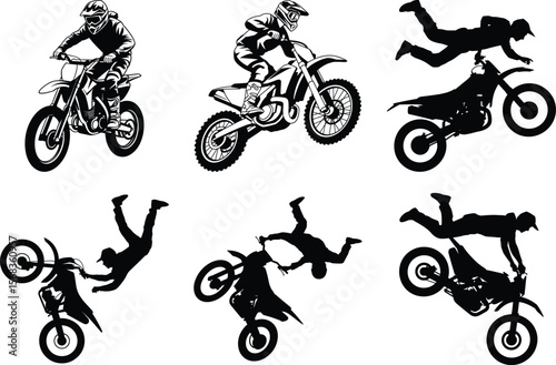 Dirt Bike Silhouette vector black on white background, Set of Dirt Bike SVG isolated Art. Motocross rider graphic illustration.