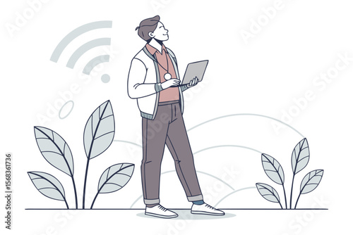Searching the Signal: A tech-savvy individual connects with wireless internet using a laptop, standing amidst stylized green plants in a modern, illustrative rendering. 
