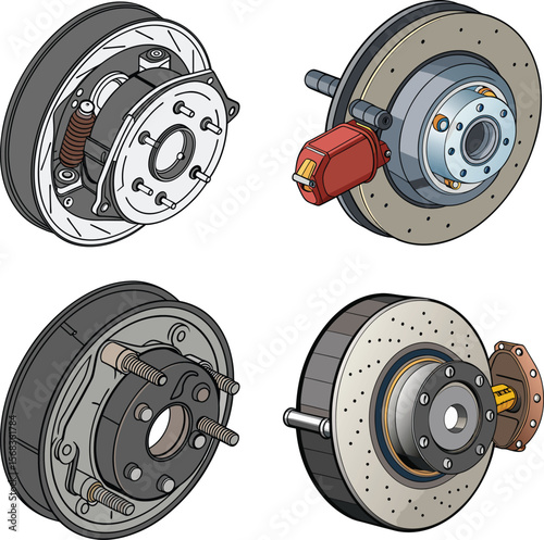3D Vector Isometric Car Drum Brake Assembly with Visible Internal Brake Shoes. 