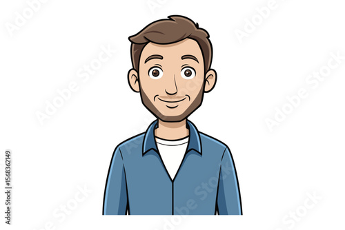 Smiling Man Cartoon: A friendly cartoon illustration of a man with short brown hair and a beard, wearing a blue shirt, conveying a positive and approachable demeanor. 