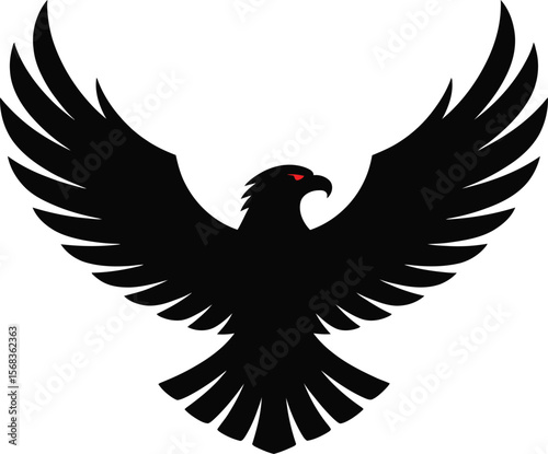 A black silhouette eagle with red eyes spreading its wings widely in a symmetrical and stylized vector