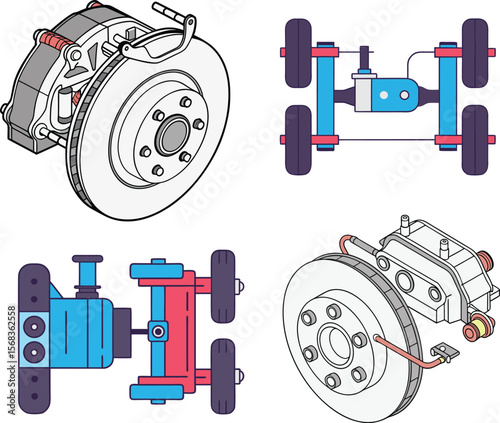 3D Vector Isometric Illustration of Car ABS System with Detailed Components. 