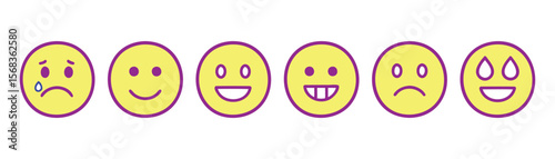 A vibrant set of emoji adorned with cheerful, smiling faces and colorful ribbons, emotion icons, angry face, sad face, smiling face, winking face, surprised face, grinning face