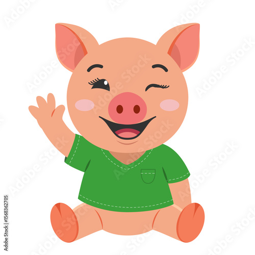 Cute baby pig isolated on white. Cartoon chibi piglet waving hello. Little kawaii piggy sitting and smiling. Vector image for childrens book, design of childrens products, entertainment of kids