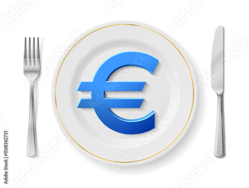 Euro is on white plate with fork and knife, top view. Dinner plate with euro sign inside and cutlery set on sides. Vector illustration for banking, financial industry, economy, forex, currency markets
