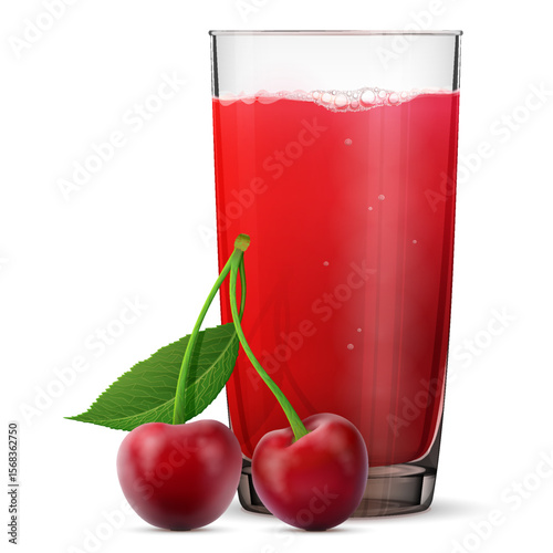 Cherry juice in glass isolated on white background. Pair of cherries fruits with fresh squeezed juice glass. Vector illustration about beverages, fruits, agriculture, health food, gastronomy, etc