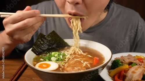 Person eats ramen with chopsticks garnished with egg nori seaweed and scallions stirfry visible on side