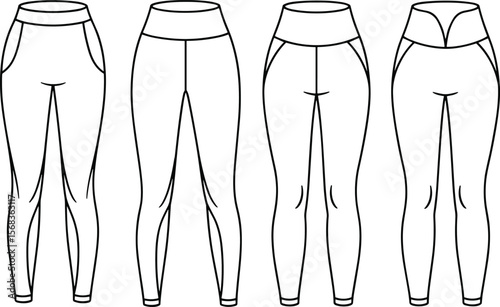 High Waist Leggings Flat Fashion Technical Drawing, Yoga Pants Front and Back View, Vector Template for Activewear Design, Seamless Workout Tights Illustration