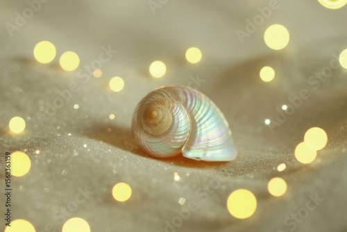 Seashell Closeup on Sand with Bokeh Lights, Iridescent Shell Texture, Elegant