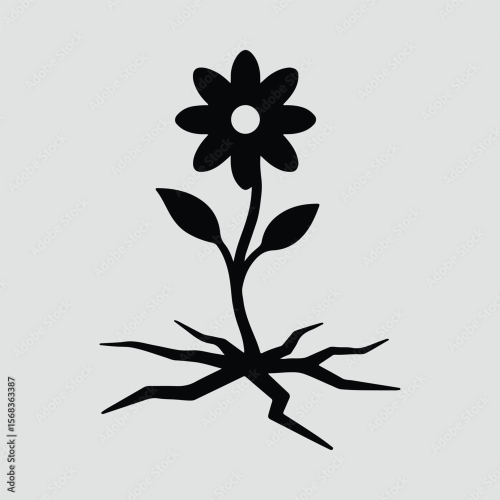 Obraz premium Silhouette flower sprouting through cracked earth vector illustration