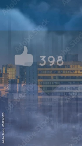 Animation of media icons and clouds over cityscape