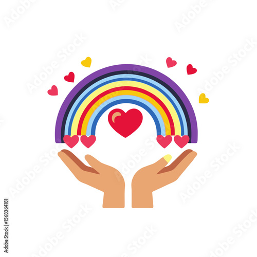 Hands Holding Rainbow of Hope-Spreading Love and Kindness-Colorful Hearts Symbolizing Support-Inspiration and Positivity-Community Solidarity-Illustrating Joyful Unity_