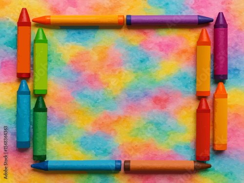 Top view of colorful crayons arranged in a rectangular frame on a watercolor background – bright and playful school supplies flatlay vector art
