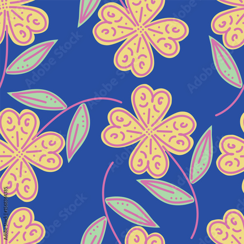 Modern and bold vector seamless pattern with large scale pink flowers on dark blue background. Hand-drawn in doodle style. Textile, background, packaging.
