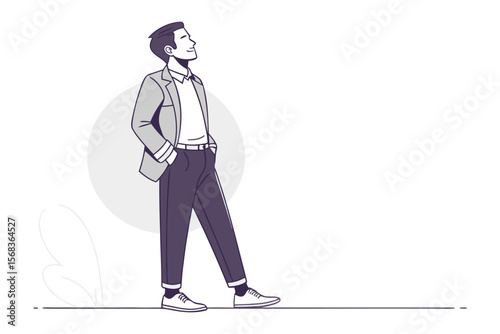 Man's Contemplative Stroll: A stylized illustration of a man confidently striding with a serene expression and contemplative pose, hands casually in pockets.