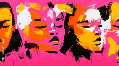 Series of paintings of women's faces with the word 