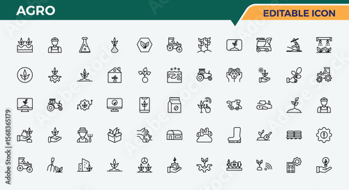 Agro icon set. Agriculture icon set. Minimal icons pack. Includes thin line symbols plant, land, farming, harvest and more. Pixel perfect. Editable vector.