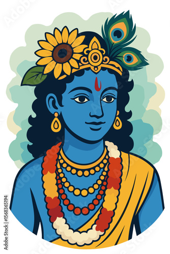 Illustration of Lord Krishna with peacock feathers, floral garland and traditional ornaments, flat vector in festive tones, concept for Krishna Janmashtami celebration