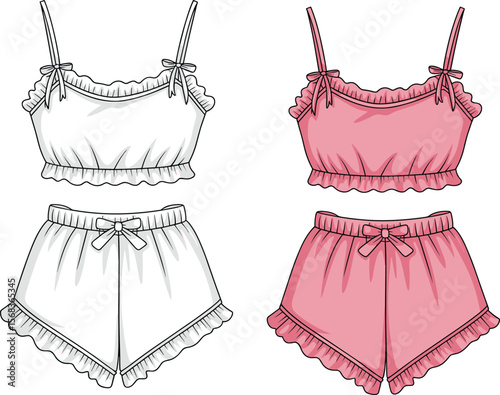 Women's Ruffled Camisole Crop Top and Shorts Pajama Set, Feminine Sleepwear and Lounge Wear Fashion Template in Pink and White.