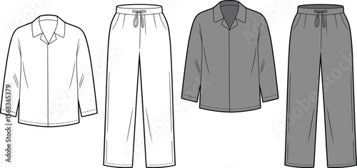Unisex Pajama Set Technical Fashion Illustration: Long Sleeve Shirt and Drawstring Pants for Comfortable Sleepwear and Lounge Wear.