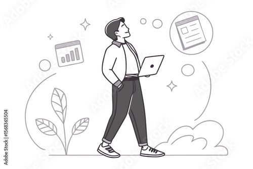 Digital Nomad's Vision: A modern individual strides purposefully forward, clutching a laptop as their mind visualizes progress, data charts, and webpage designs.