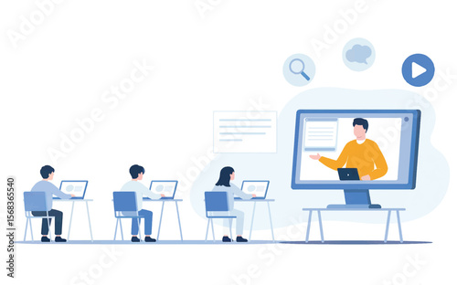 Students attending an online class with a teacher presenting on a large computer screen isolated on white background