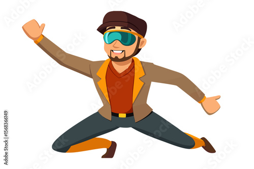 Stylish Man's Energetic Pose: A dynamic illustration of a man in fashionable attire, embracing an active pose, with a cheerful and approachable demeanor. 