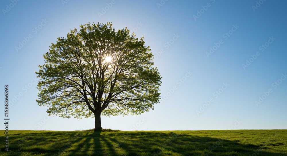 Obraz premium Sunburst Through the Canopy: A Solitary Tree on a Grassy Hill Under a Clear Sky