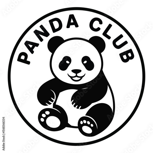 Kawaii silhouette emblem of playful panda seated inside circular badge with panda club text and est