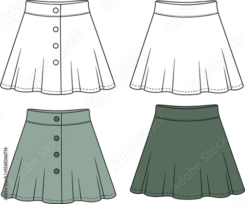 Women's A-Line Button Front Mini Skirt Fashion Flat Sketch Template, Casual Apparel Technical Drawing in White and Green Hues.