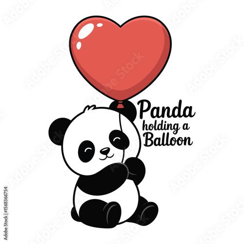 Kawaii silhouette of panda holding balloon in cute nursery style on isolated black and white background