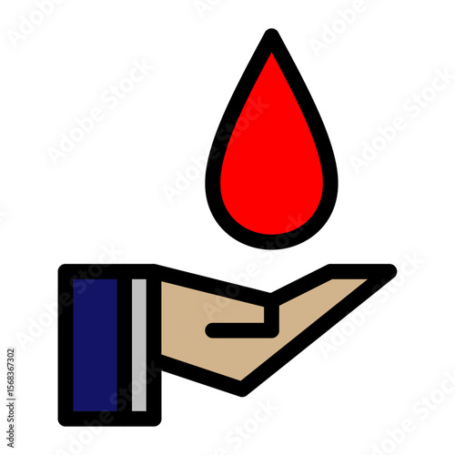Flat colored icon of an open hand holding a red blood droplet. Symbolizes blood donation, medical assistance, emergency aid, healthcare, and humanitarian help.