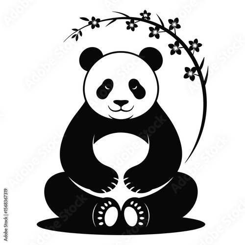 Kawaii silhouette of panda meditating in lotus position with cherry blossom branch on white background