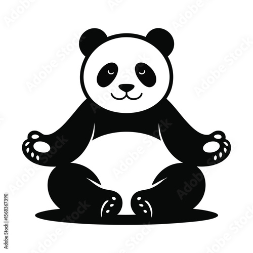 Kawaii silhouette of panda meditating in lotus position with cherry blossom branch on white background