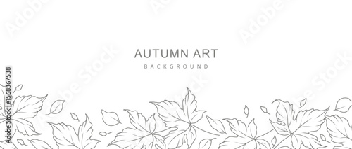 Autumn floral background with minimalistic branches and leaves in line art style. Hand drawn botanical elements. Frame with maple leaves. Vector illustration