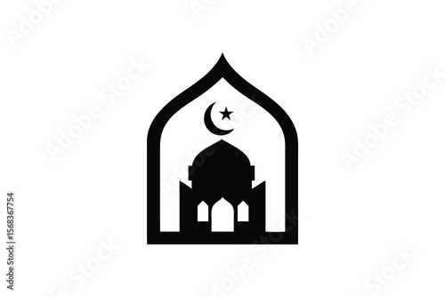 Stylized silhouette of a mosque with crescent moon and star emblem inside an islamic archway