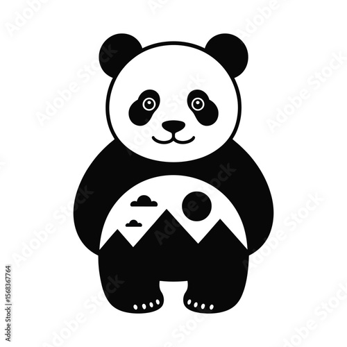 Kawaii silhouette of panda with mountain double exposure design on black and white isolated background